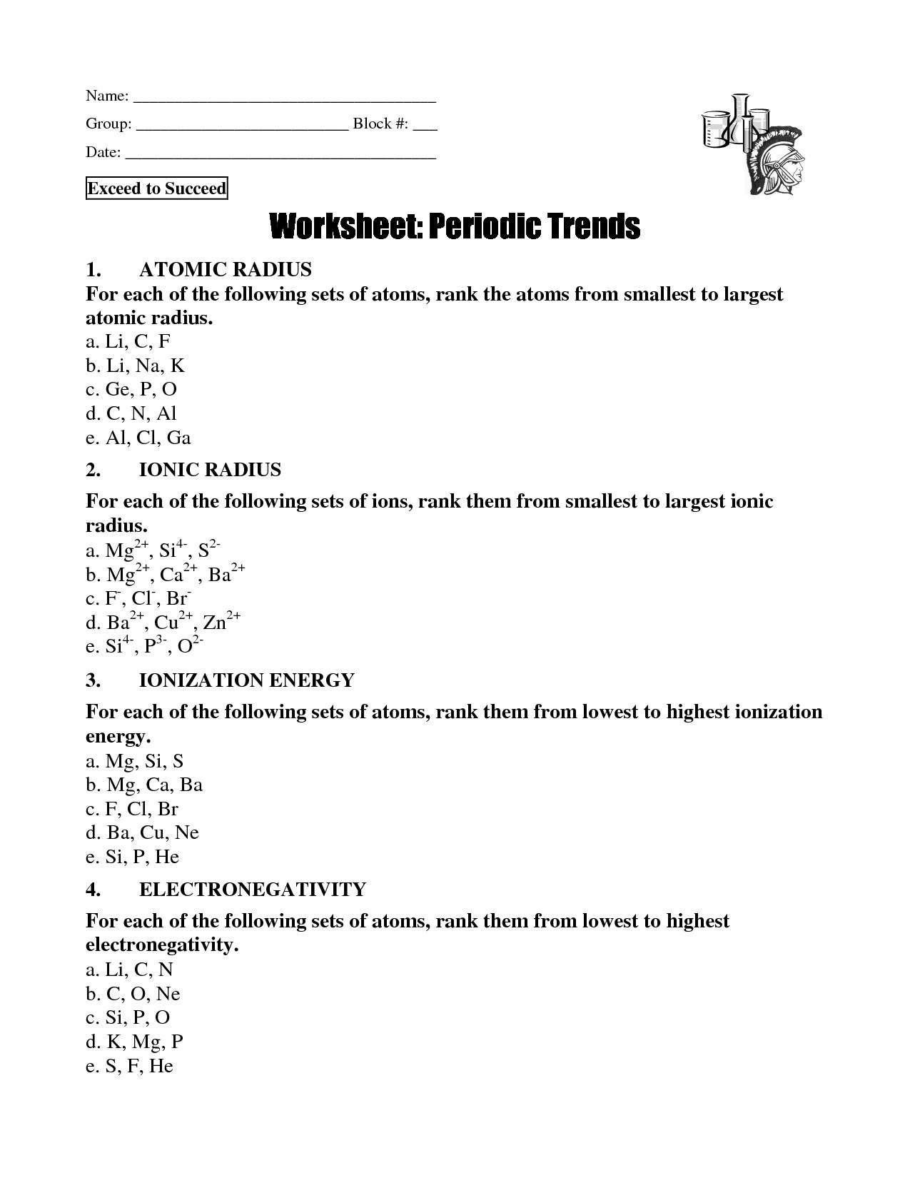 Worksheet Periodic Table Trends 2