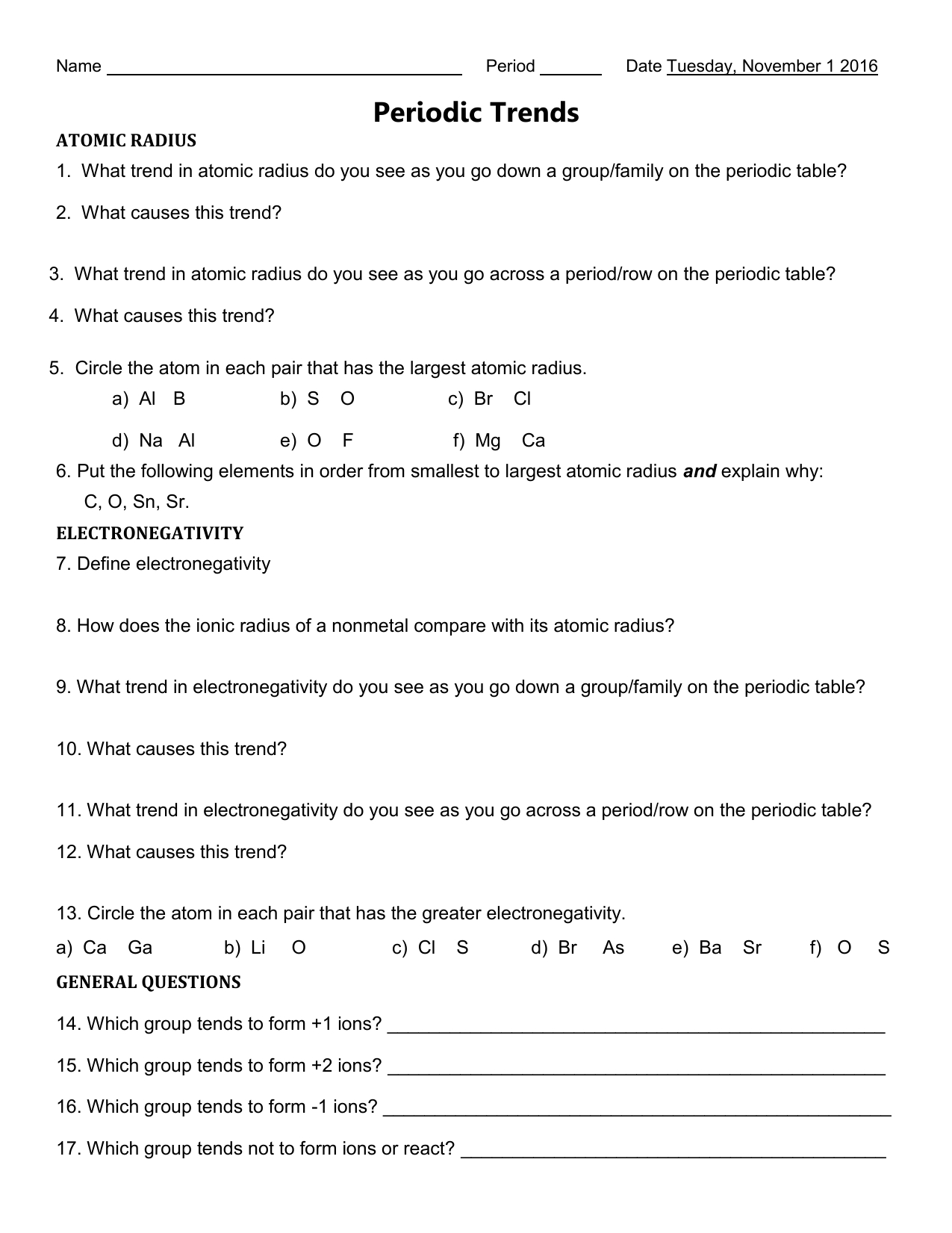 Worksheet Periodic Table Trends 26