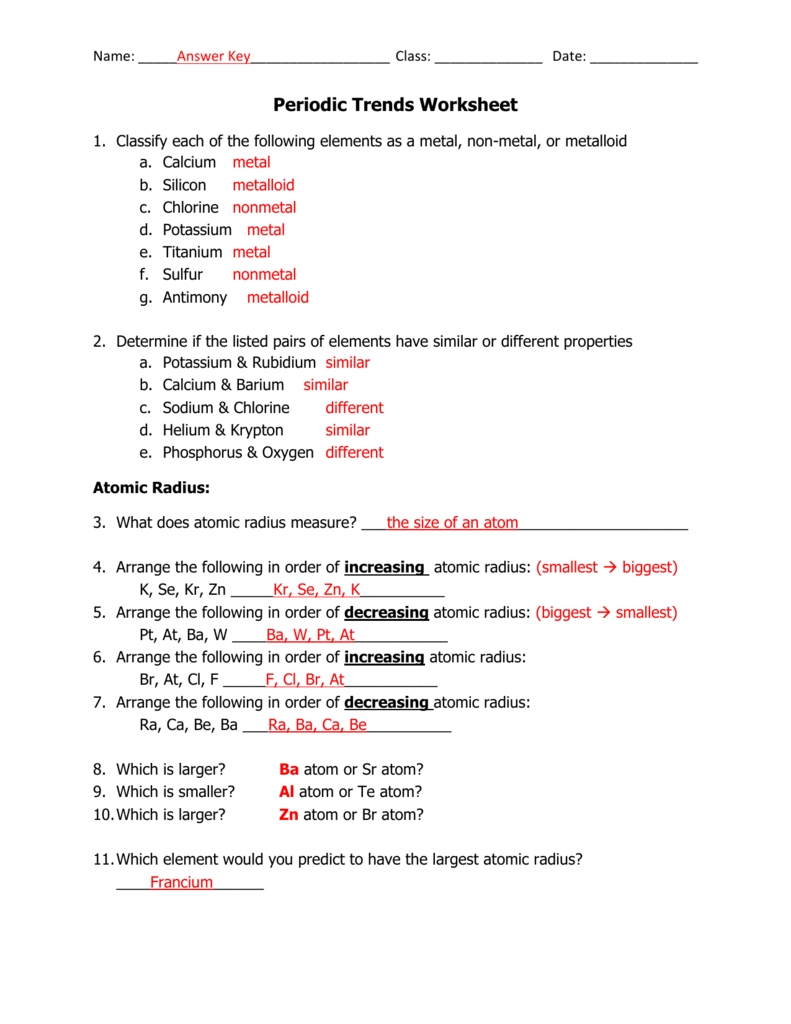 Worksheet Periodic Table Trends 3