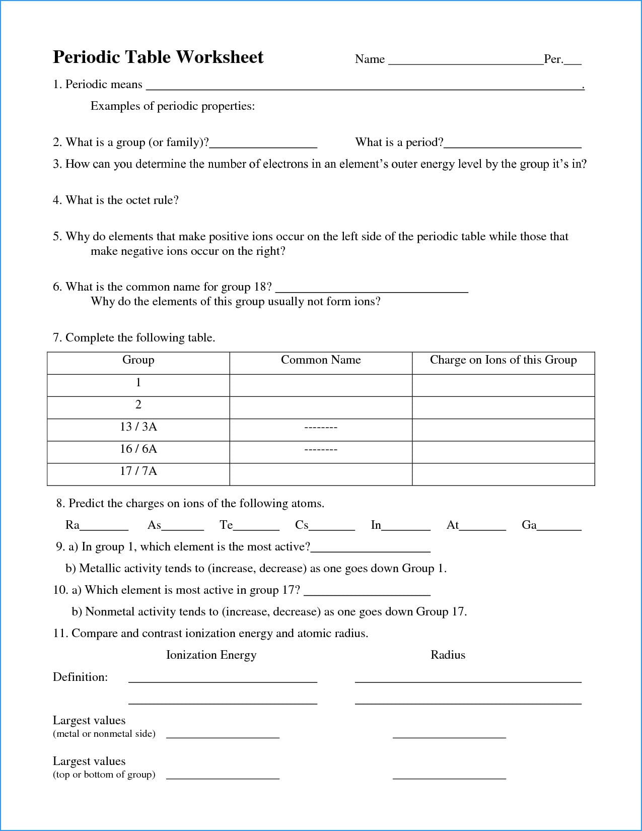 Worksheet Periodic Table Trends 54