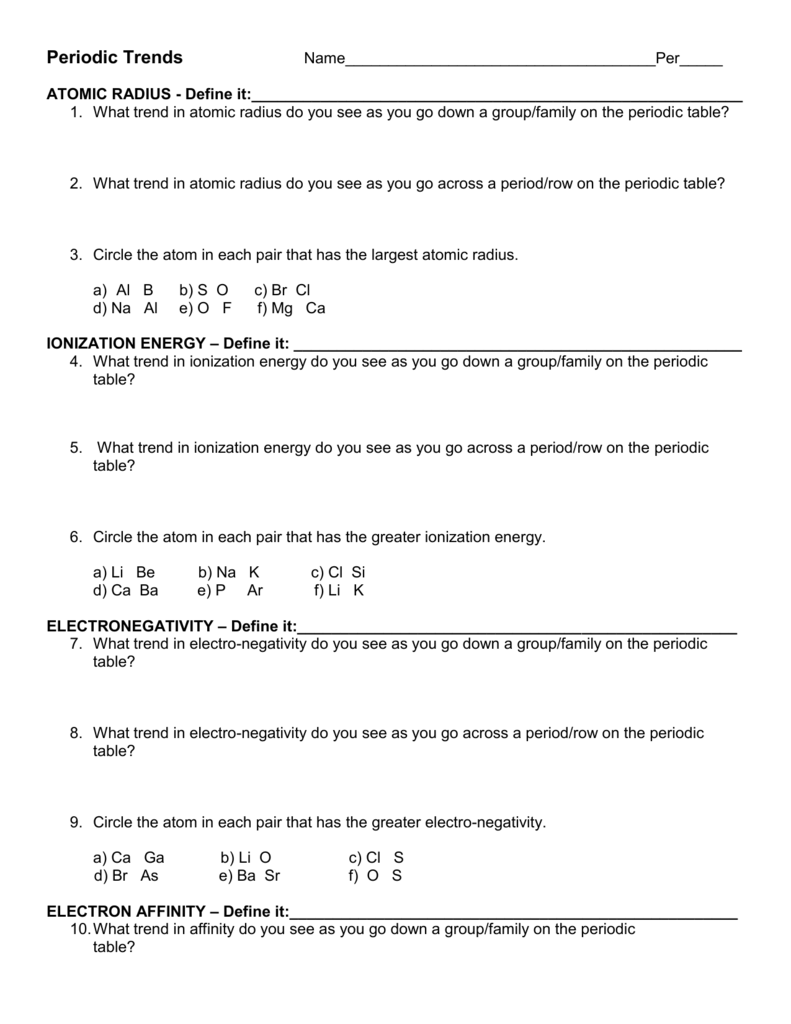 Worksheet Periodic Table Trends 59