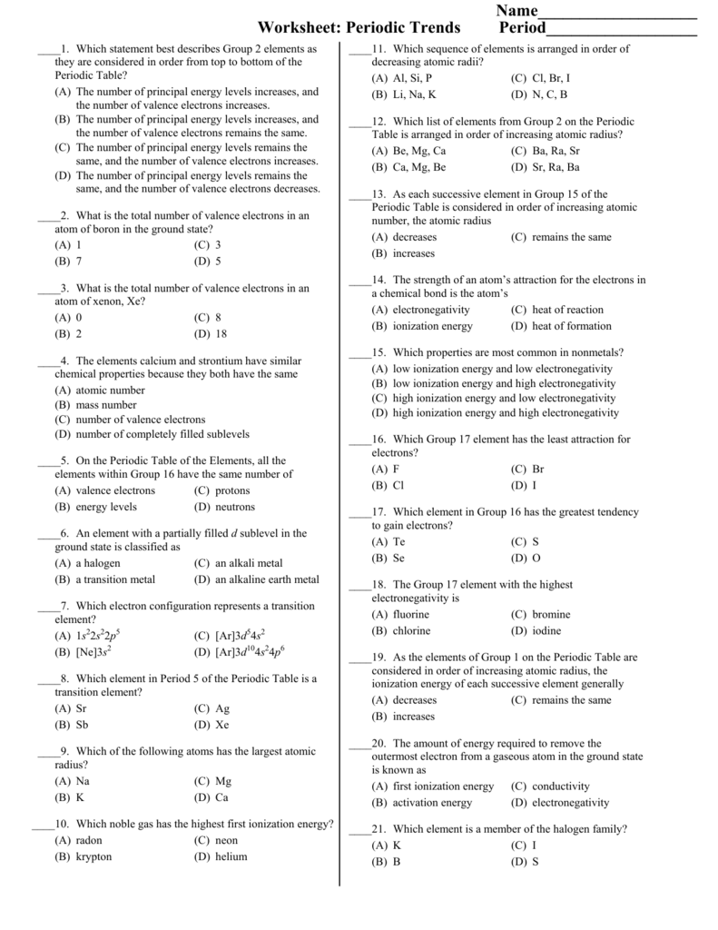 Worksheet Periodic Table Trends 61