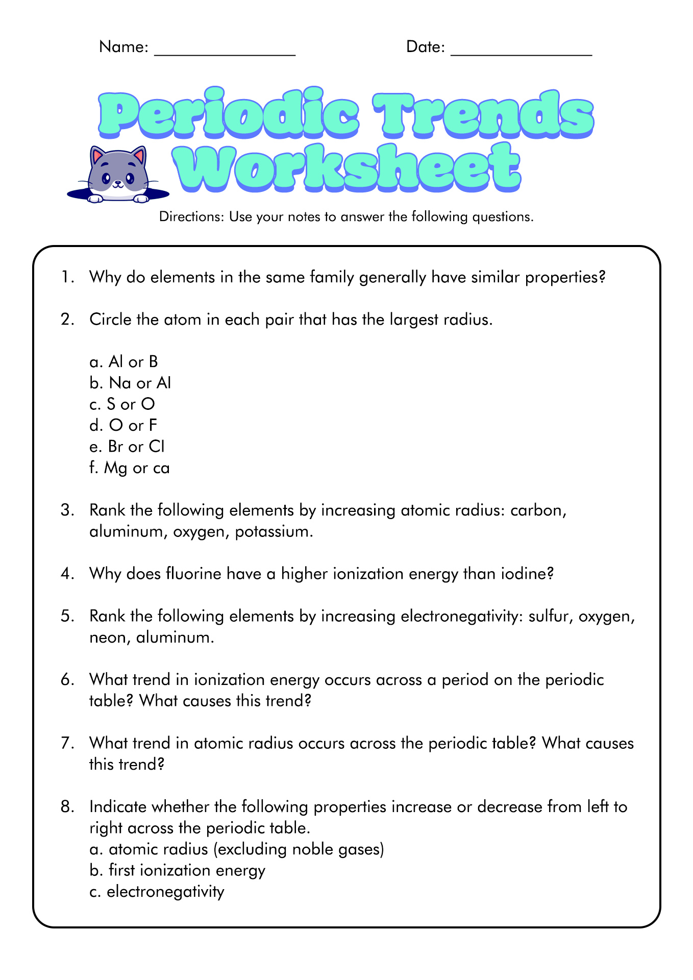 Worksheet Periodic Table Trends 62