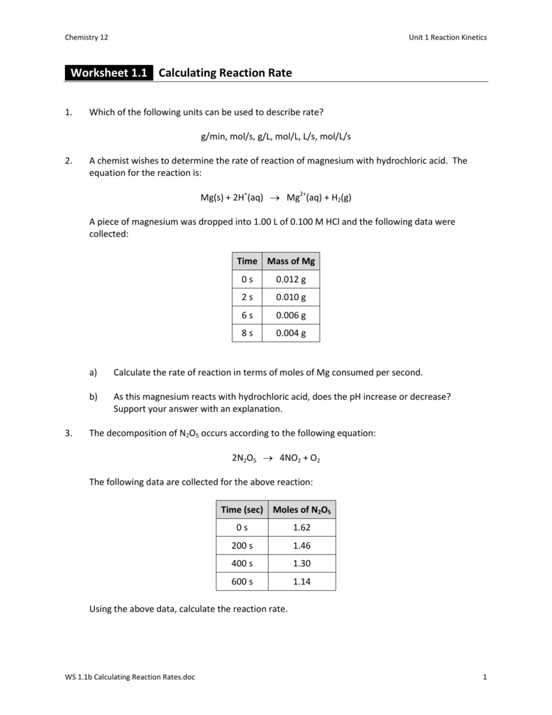 Worksheet Reaction Rates Answers 3