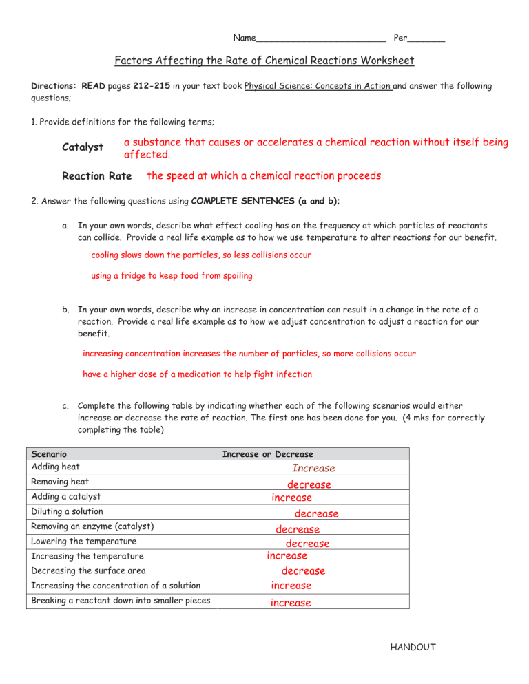 Worksheet Reaction Rates Answers 4