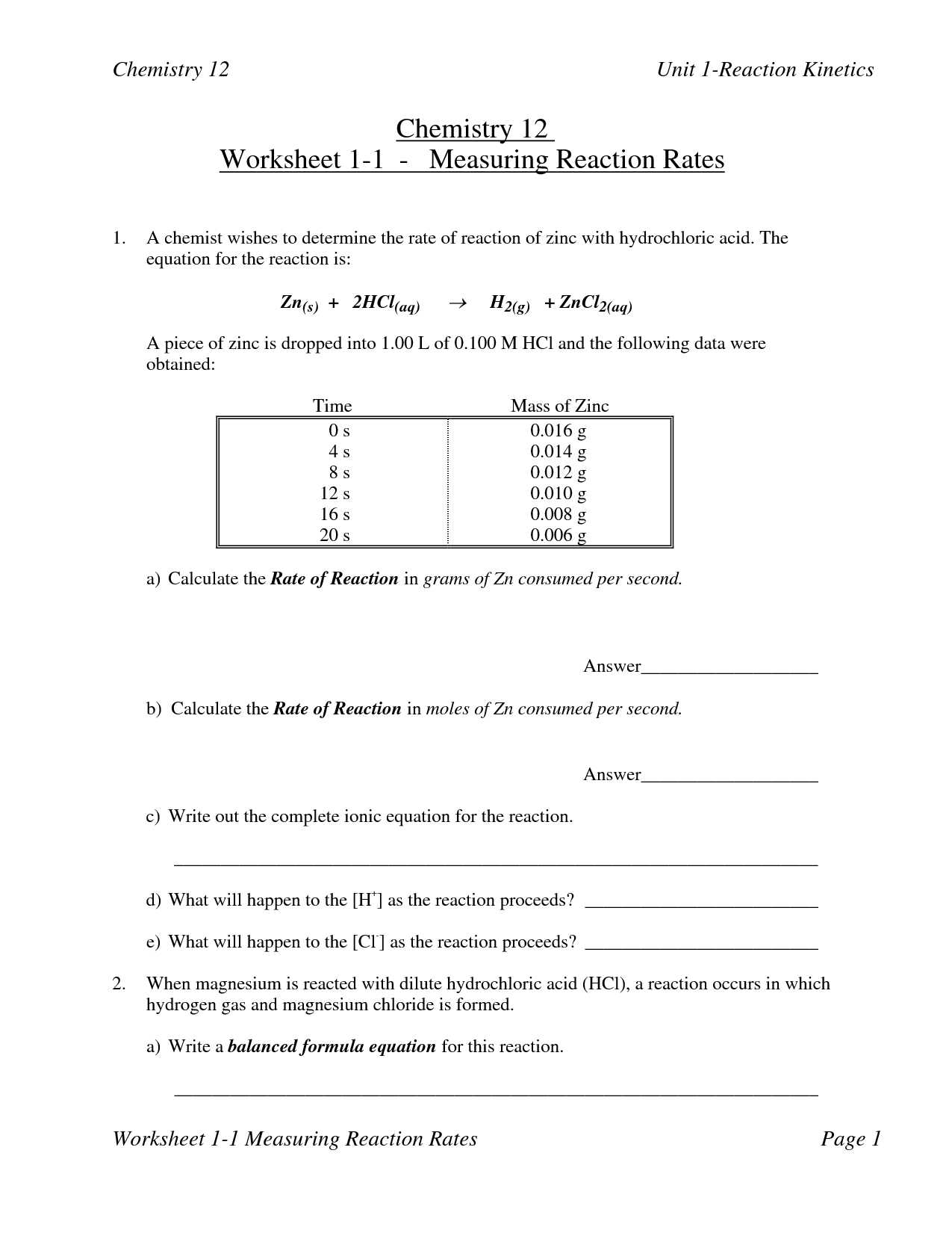 Worksheet Reaction Rates Answers 40